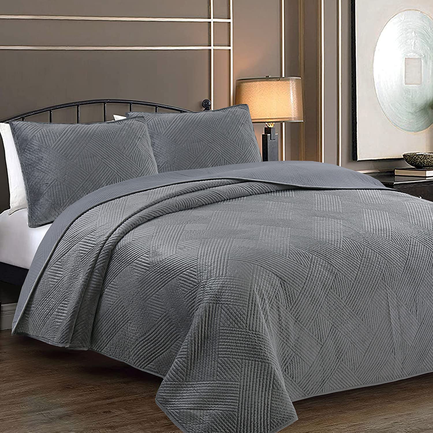 Cozy Line Home Fashions Dark Gray Velvet Basketweave Luxury Velveteen Velour Super Soft Quilt Bedding Set, Coverlet, Bedspread (